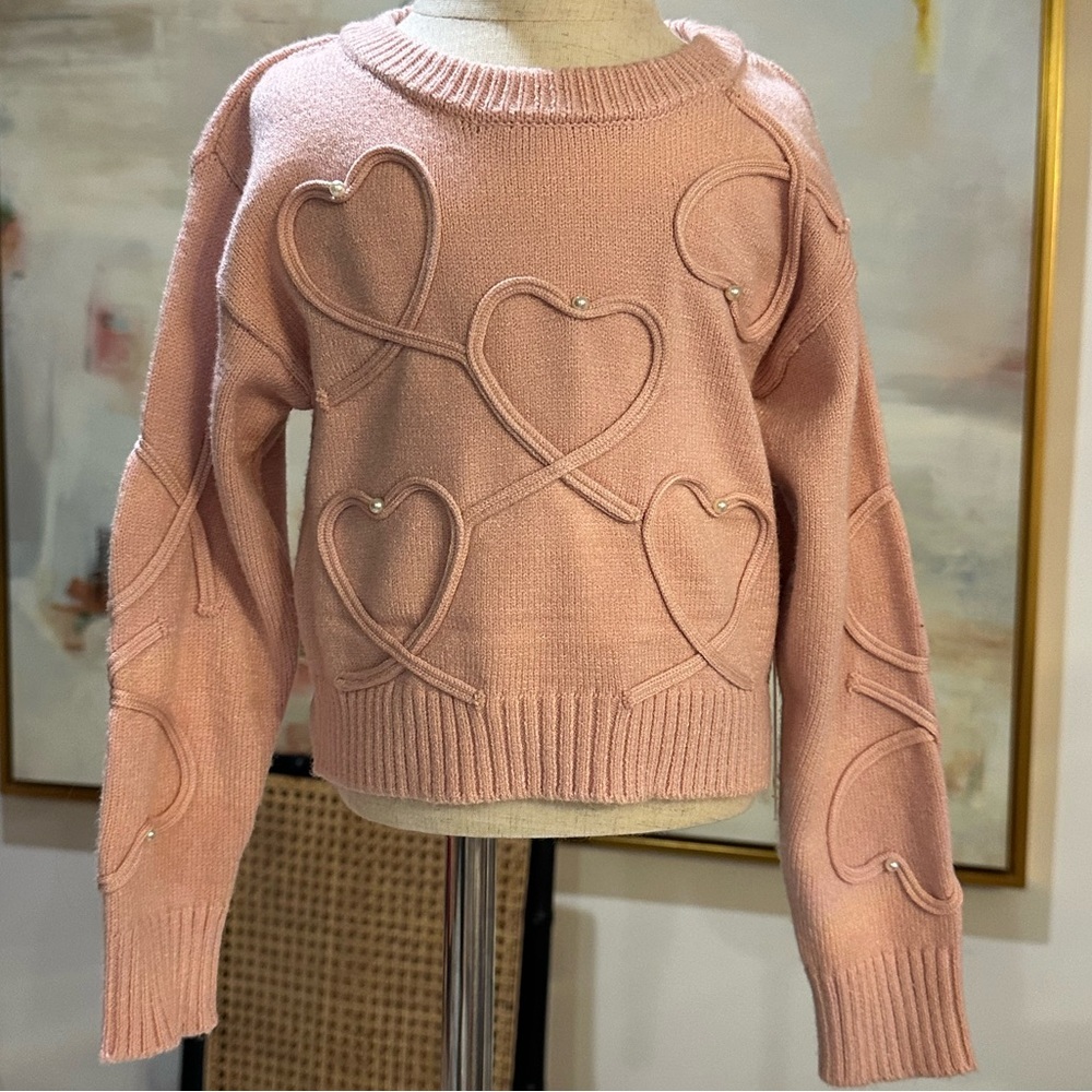 Madison & Hudson. Soft Girls' Blush Heart-Appliqué Knit Sweater with tiny pearls